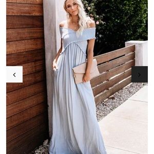 Light blue off the shoulder criss cross maxi dress